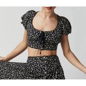 Free People Easy To Love Cropped Blouse Top Lace Short Puff Sleeve XS NWT 279555
